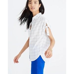 Madewell Central Tie-Sleeve Shirt in Windowpane White Blue M